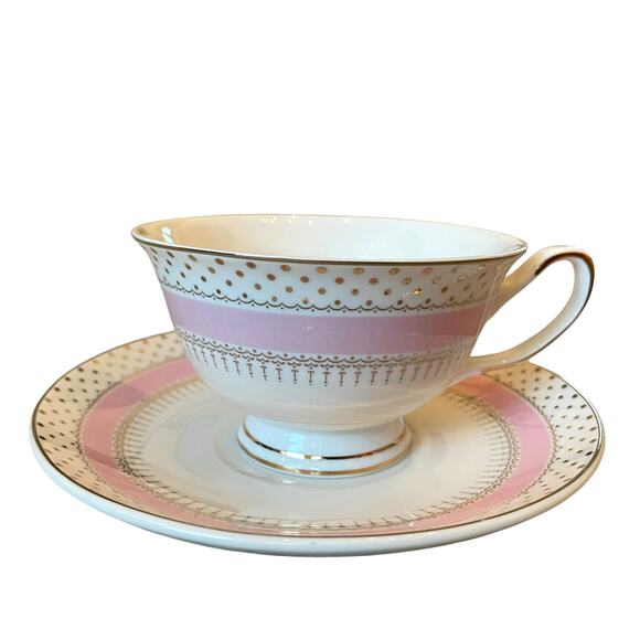 NEW Grace Teaware Porcelain Pink Stripe Gold Dots Teacup & Saucer Set of 2 - Picture 3 of 15